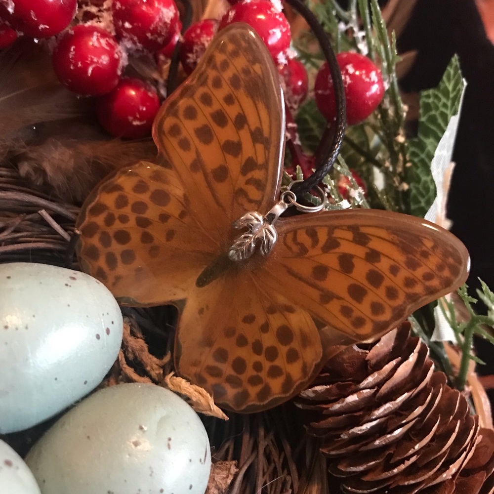 Sterling Silver Resin encased Butterfly Wings Pendant with Leather Cord.
